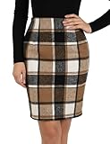 Plaid Skirts for Women Fall Winter Knee Length Christmas Holiday Pencil Wool Midi Skirt with Back Slit Brown
