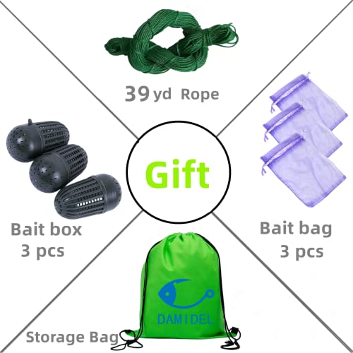 DAMIDEL 32in x 10in Folded Fishing Bait Trap, 10 Holes 10 Sides Foldable Fishing Nets for Fish/Crab/Shrimp/Crawdad, Upgrade Large Space,Free Gift:Bait Bag/Bait Box/Rope/Storage Bag