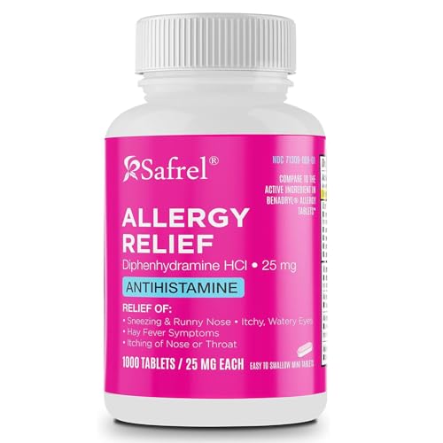 Safrel Allergy Relief Medication 25mg Diphenhydramine HCl, Antihistamine for Sneezing, Runny Nose, Itchy Eyes and Throat, Indoor and Outdoor Allergies (1000 Count)