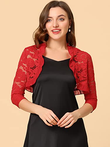 Image of Allegra K Women's Elegant Lace Cardigan Ruffle Collar Crop 3 /4 Sleeve Sheer Bolero Floral Lace Shrug Top