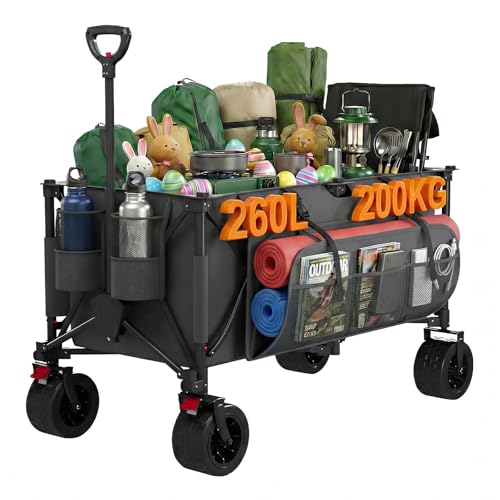 Devoko 260L Folding Festival Trolley on Wheels, Foldable Handcart Load Capacity 200 kg, with Brake, Adjustable Handle, Shopping Trolley with 3 Storage Compartments, for Beach,Camping,Garden, Grey