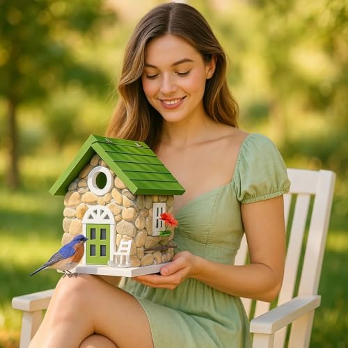 CEDAR ALPHA Masterpiece Bluebird House for Outside Clearance,Hanging Bird House for Outdoor, Stone Villa, Birdhouse for Outside, Garden Statue Solid Wood Longtime Lasting, Post Pole Mountable (Green) - Thumbnail 7