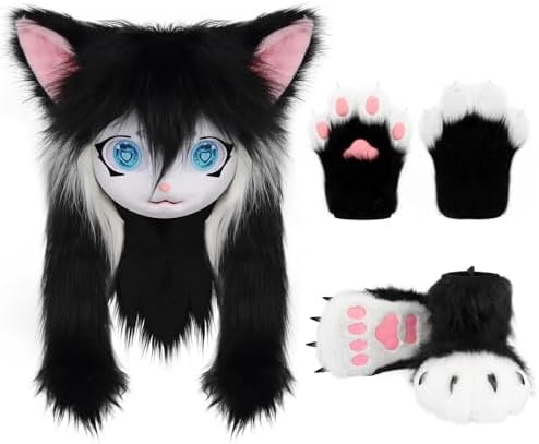 COSYEARS Cat Paw Mittens Gloves Furry Shoes Fursuit Animal Head Mask Halloween Masquerade Costume Accessories Set