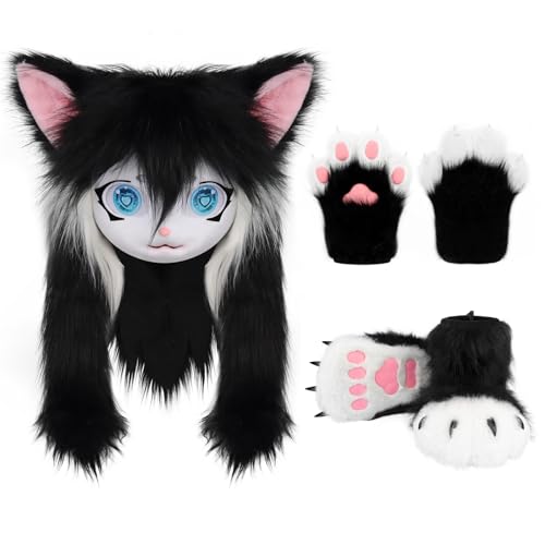 COSYEARS Cat Paw Mittens Gloves Furry Shoes Fursuit Animal Head Mask Halloween Masquerade Costume Accessories Set