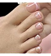 24pcs Pink French Tip Press on Toenails Short Length Full Cover Nude Fake Toenails with Glitter D...