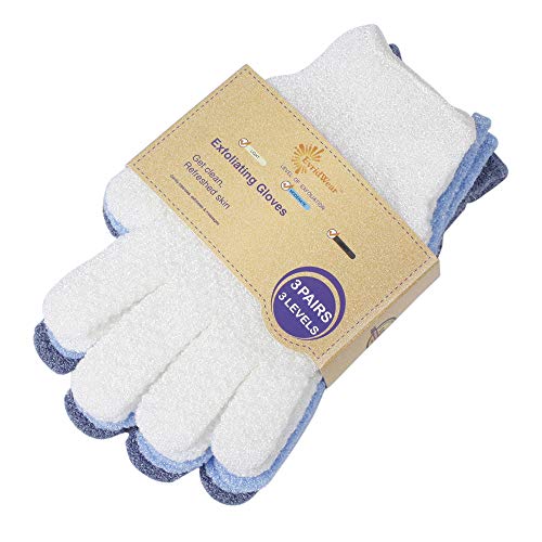 Evridwear Exfoliating Glove for Shower Man and Women, Dual Texture Bath Body Scrub Gloves Dead Skin Cell Remover forHome Spa, Massage,with Hanging Loop (3 Pairs)