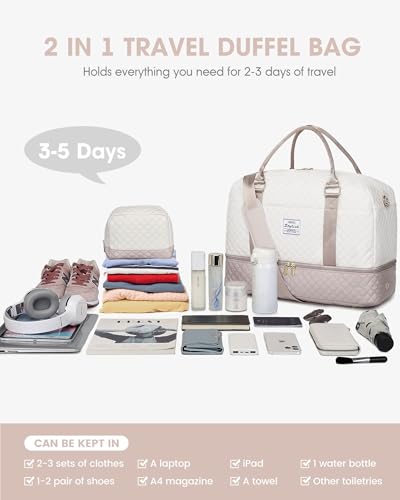 Travel Duffle Bag Weekender for Women: Travel Duffel Bag Carry-On Overnight Bag with Shoe Compartment & Wet Pocket Large Weekend Tote Bag withGym Duffel Bag for Hospital Beige3
