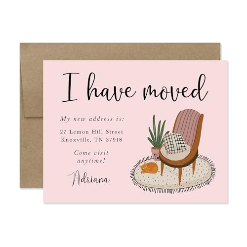 Hello Love Goods Plant, Cat, and Chair Moving Announement Cards, Personalized New Address Cards, Flat 5.5x4.25 I've Moved Notecards with Envelopes