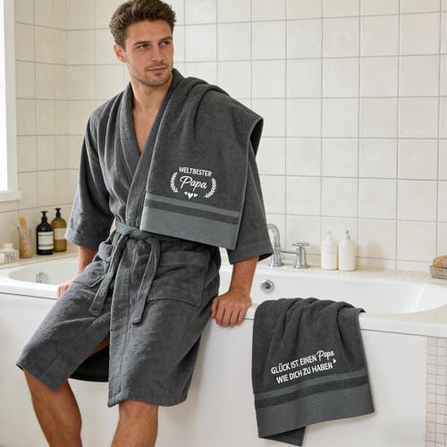 YYSWSAKY Papa Geschenk, 4 Teilig Vatertagsgeschenk Set mit Badehandtuch 50 X 100 cm, Handtuch 35 X 75 cm, Lustige Socken und Grußkarten, Geschenkset für Papa zum Vatertag, Geburtstag, Weihnachten