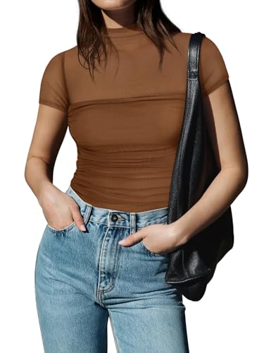 Image of REORIA Women's Sexy Mock Turtle Neck Short Sleeve Shirts Sheer Mesh Ruched Trendy Going Out Bodysuits Tops