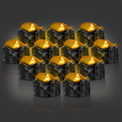 ​​12 Pièces Bougies LED Électriques : Bougies Flamme Vacillante Noires sans Flamme, Fonctionnent sur Piles - Lumières Flammèches Réalistes pour Halloween, Noël, Mariage, Décoration​​