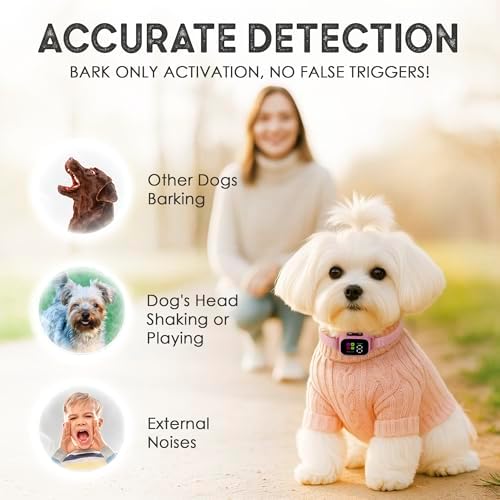 Tiny Bark Collar for Small Dogs 5-15 lbs and Puppies - No Shock Anti Barking Collar - Rechargeable Smart Collar for Dog Training with 7 Sensitivity Levels and 3 Beep&Vibration Modes (Pure Pink) — view 4