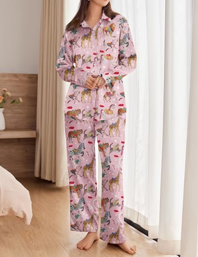 Ekouaer Womens Satin Silky Pajama Set 2 Piece Print PJs Soft Loungewear Button Down Sleepwear with Elastic Waist Long Pants