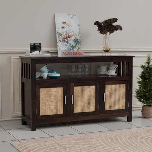 Image of ALATERRE Wooden Sideboard Cabinet with Cane Doors | 3 Door Storage Cabinet with Open Shelf | Solid Wood Buffet Table for Living Room, Dining Room & Entryway (Walnut Finish)