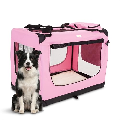 Cozy Pet Fabric Dog Crate in Pink, XL Size 90cm, Cat Pet Carrier Soft Sided Travel Crate Folding Transport Travel Cage Ideal for Dogs, Puppies, Cats, Rabbits, etc. FDC-XL-P