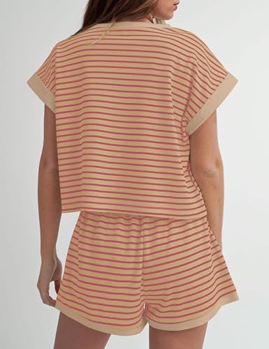 Image of Burtell Women Summer 2 Piece Lounge Sets Striped Short Sleeve Tee Shirts Mini Shorts Loungewear Shorts Set Ribbed Pajama Set