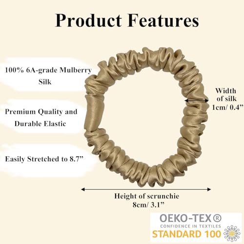Image of VLOMOT 6 Pcs Set 100% Pure Mulberry Silk Scrunchies Hair Ties with 6 Chic Colors Everyday Skinny Scrunchies Silk Ponytail Holders Hair Care No Damage (Champagne)