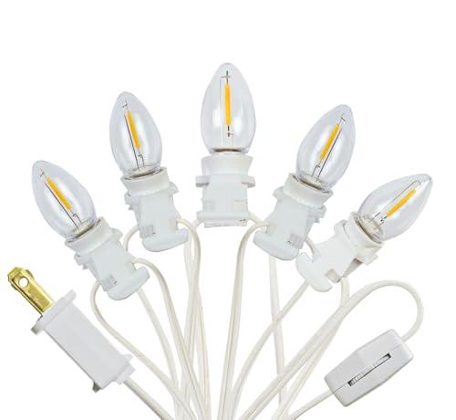 YIMILITE 5 Base C7 String Bulbs Christmas Village Light Accessory Cord with 5 LED Light Bulb Universal Clip White Cord with On/Off Spare Fuse Switch Plugs for Decorations Christmas Village House