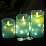 DANIP Teal Flameless Candle, Built-in Star String, 3 LED Candles, 11 Button Remote Control, 24 Hours...