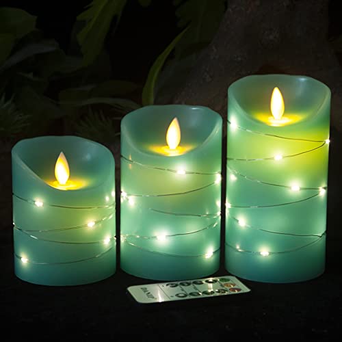 Danip Teal Flameless Candle, Built-In Star String, 3 Led Candles, 11 Button Remote Control, 24 Hours Timer Function, Dancing Flame, Real Wax, Battery Powered. (Blue-Green) #TOP2
