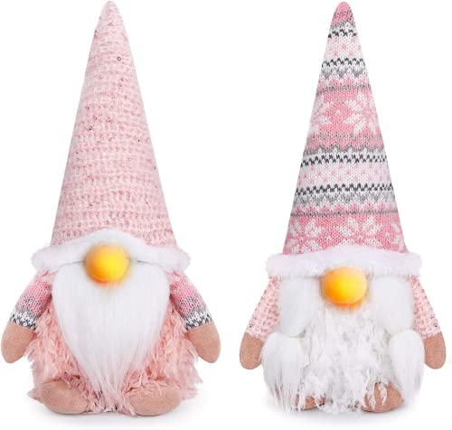 D-FantiX Pink Christmas Gnomes Decorations, 2Pack Handmade Swedish Tomte Gnome with LED Lighting Nose Crochet Hat Scandinavian Figurine Gnomes Plush Elf Xmas Decor Thanksgiving Short Leg