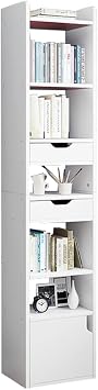 Luxurious Wooden Bookshelf Multilayer Display Shelf Floor Standing Book Shelving Modern Simple Storage Rack with 2 Drawers Easy to Assemble for Living Room Office Color White