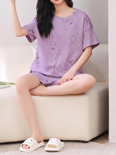 Image of Celary Korean Women's Pyjama Set|Cute Printed T-Shirt & Shorts Set|Soft Cotton Blend Women Night Suit Sleepwear| Shorts Set for Women