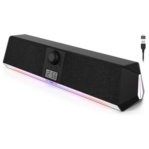 SOULION R80 Bluetooth Computer Speakers, USB Speakers with Digital Clock Display for Desktop Monitor, PC Speakers for Laptop Surround Sound Soundbar with LED Dynamic Light(USB Adapter Included) Cover