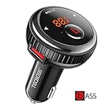 [Enhanced Bass] TECBOSS Bluetooth FM Transmitter for Car, FM Transmitter Bluetooth v5.0, Support Hands-Free Calling, Play Music, 2-Port USB Car Charger, World First One Key Switch Bass Technology