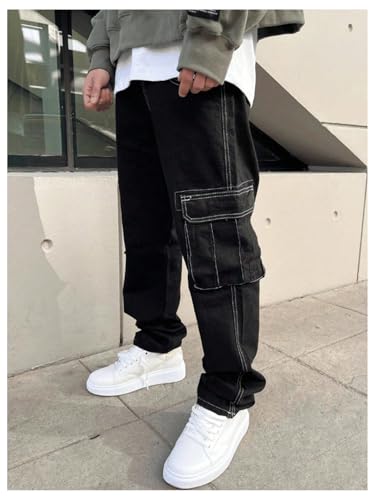 Verdusa Men's Cargo Pants Drawstring Waist Straight Leg Casual Street Trousers with Flap Pockets4