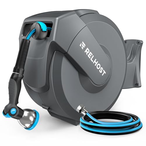 Relhost Retractable Garden Hose Reel 5/8 in x 100 ft Wall Mount Heavy Duty Hose Reel with Any-Length Lock Auto Rewind System 180 Swivel Bracket and 10-Pattern Nozzle for Garden Dark Grey