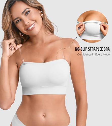 Image of DEANGELMON Strapless Bras for Women Wireless Push Up Non-Slip Bandeau Bra Seamless Clear Straps TubeTop Padded Bralette