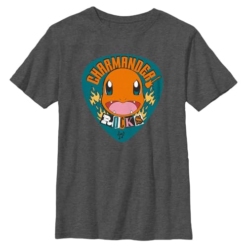 Pokemon Unisex Kids Charmander Rocks Pokemon Charmander Rocks Boys Short Sleeve Tee Shirt, Dark grey mottled, S