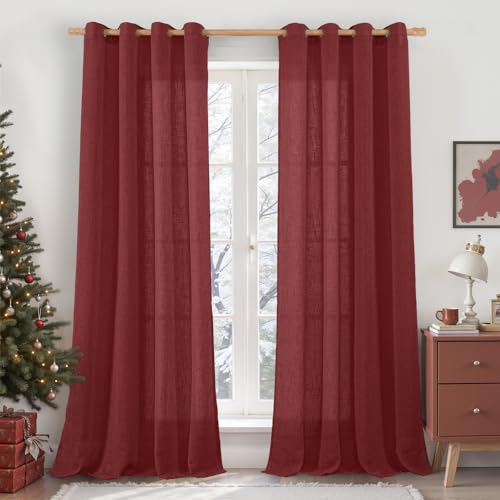 Image of LAMIT Burgundy Red Sheer Linen Curtains 84 inch Length, Light Filtering Semi Sheer Panels Linen Textured Bronze Grommet Christmas Drapes for Living Room /Bedroom, 2 Panels, 52 x 84 Inch