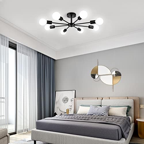ZSMIHDOH Modern 8 Lights Sputnik Chandeliers Black Semi Flush Mount Ceiling Light Fixture Mid Century Ceiling Pendant Lighting for Living Room Dining Room Bedroom Kitchen