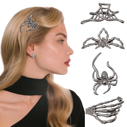 4 PCS Gothic Spider Hair Clips,Small Black Spider Metal Hair Claw Clips with Spider Web Skeleton Hand Skull for Women Thin Hair, Hiphop Spooky Hair Accessories for Halloween