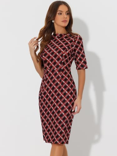 Allegra K Women's Bodycon Plaid Dress Round Neck Elbow Sleeve Check Pencil Dress3