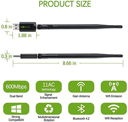 Image of VNJ WiFi USB Bluetooth Adapter with Antenna, 600Mbps Dual Band 2.4 /5Ghz, 2 in 1 WiFi Bluetooth4.2 Adapter Wireless Network External Receiver, Network Dongle for PC /Laptop /Desktop