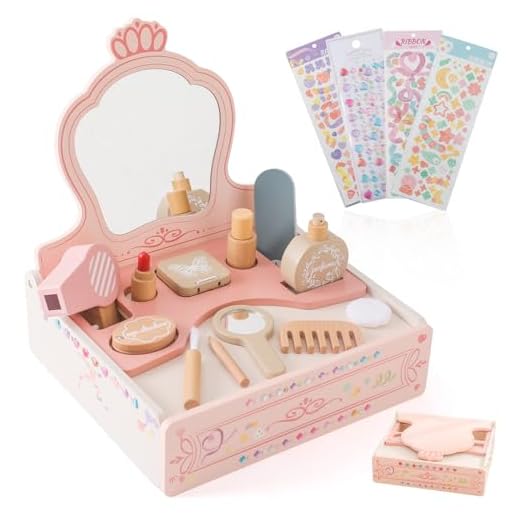 OESSUF Toddler Vanity Wooden Makeup Toy Set for Kids, Princess Vanity Table with Stickers Mirror, Beauty Salon Makeup Accessories for Little Girl, Storage Shelve Girls Gift for Christmas Birthday
