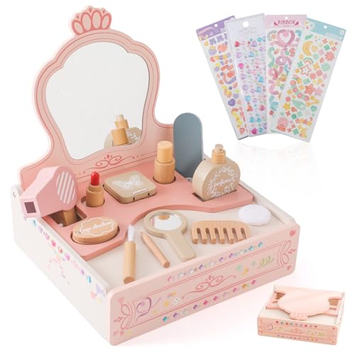 OESSUF Toddler Vanity Wooden Makeup Toy Set for Kids, Princess Vanity Table with Stickers Mirror, Beauty Salon Makeup Accessories for Little Girl, Storage Shelve Girls Gift for Christmas Birthday