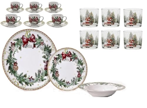Servizio di piatti completo di Bicchieri e Tazzine per 6 posti Tavola di natale con Motivi Natalizi ghirlanda fiocco rosso agrifoglio pigne palline addobbi idea Regalo