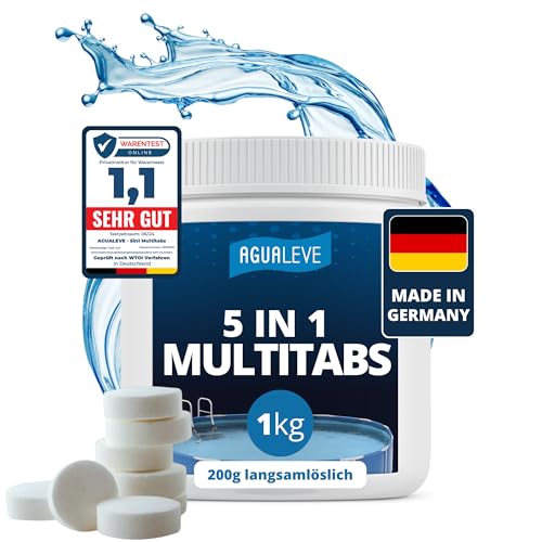 AGUALEVE® 5 in 1 Chlor Multitabs 200g langsamlöslich 1kg *NEU* | für Pools jeder Art ab 25.000 Liter Wasser | Desinfektion, Algenschutz, Flockung, pH-Stabilisierung & Klareffekt | Made in Germany