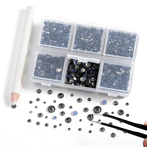 Image of BEADSLAND Hotfix Rhinestones, 4000 PCS Gray Rhinestones for Clothes Crafts Mixed 6 Sizes with Wax Pencil and Tweezers Kit, SS6-SS30, Black Diamond