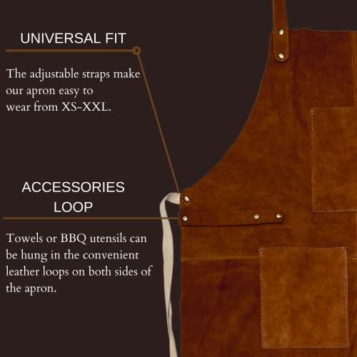 Rustic Town Genuine Leather Grill Work Apron with Tool Pockets ~ Adjustable up to XXL for Men & Women ~ Gift Ideas for Him Her (Tan)