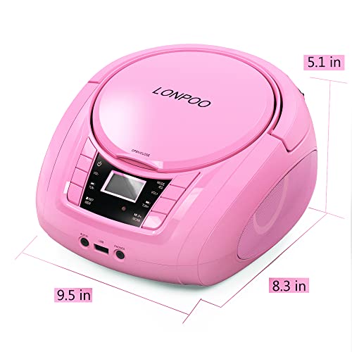 Image of LONPOO Portable Boombox - CD Player, Bluetooth, USB, MP3, AUX, FM Radio, Portable, Built-in Stereo Speakers, Carrying Handle, LCD Display, Pink