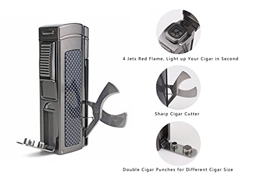 HUOWA Quadruple Jet Torch Lighter, Strong 4 Red Flame Butane Refillable Cigarette Lighter with Cigar Cutter and Double Cigar Punch