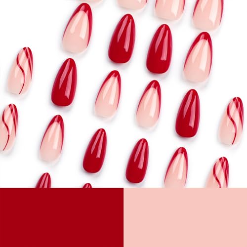 Red French Tip Press on Nails Almond Fake Nails Medium Acrylic Nails Press ons Red Lines Artificial Full Cover Glossy Stick Glue on Nails for Women 24 Pcs