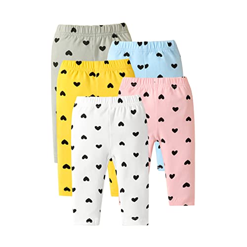 Image of U·nikaka Toddler Girl Pants Leggings for Baby Heart Print Cotton 5-Pack Grey White Blue Orange Pink 3 Months