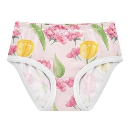 Pink Yellow Tulips Floral Green Leaves Little Girl Panties Toddler Girls Underwear Cotton Fancy Briefs Kids Undies 2t