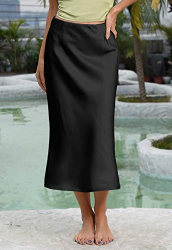 Modegal Women'S Satin High Waist Hidden Elasticized Waistband Flared Casual A Line Midi Skirt Black thumb #5
